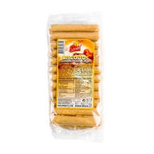 Load image into Gallery viewer, Packaged Portuguese Biscoitos (Savoiardi/Lady Fingers) biscuits in a transparent plastic wrapping with branding and information labels.