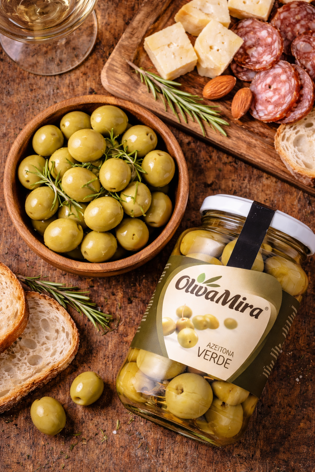 Bowl of Portuguese green olives next to charcuterie board with OlivaMira olives