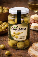 OlivaMira whole green olives served with Portuguese cheese, bread and charcuterie