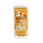 Packaged Portuguese Biscoitos (Savoiardi/Lady Fingers) biscuits in a transparent plastic wrapping with branding and information labels.