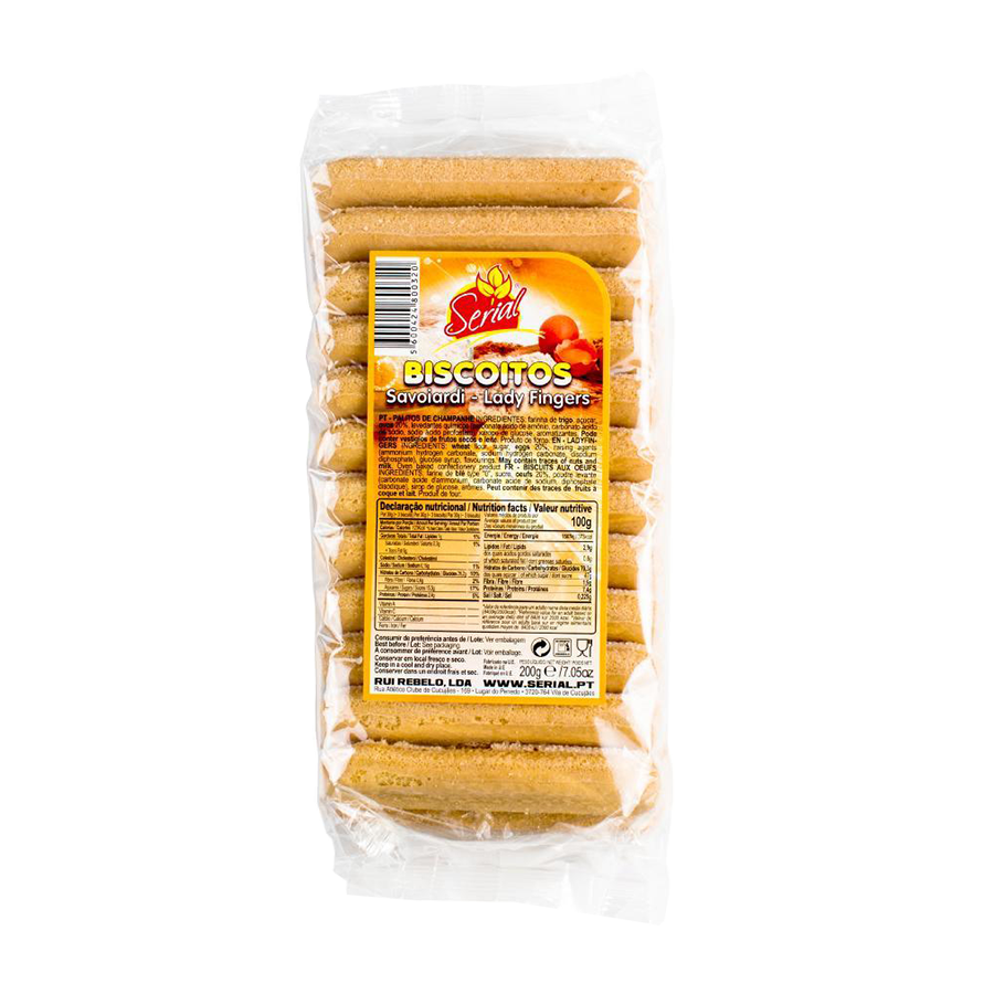 Packaged Portuguese Biscoitos (Savoiardi/Lady Fingers) biscuits in a transparent plastic wrapping with branding and information labels.